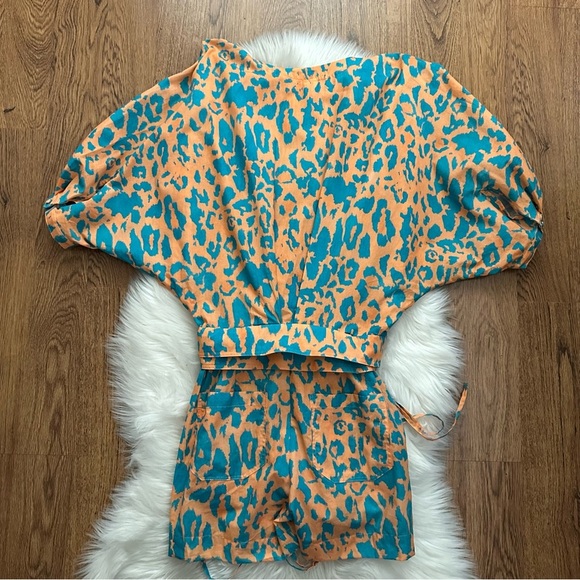 Agua Bendita orange green elastic waist v neck unlined Romper Size Medium - Picture 4 of 8